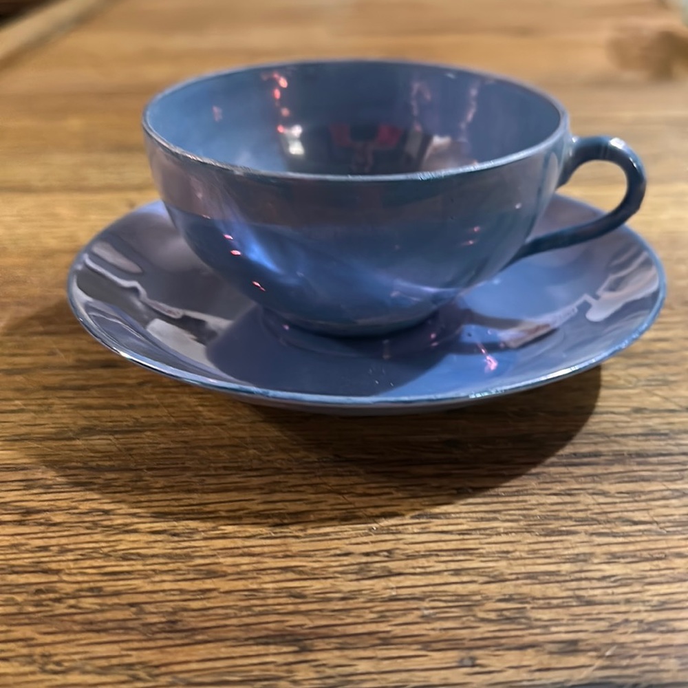 Vintage teacup and saucer set luster blue made in Japan marked